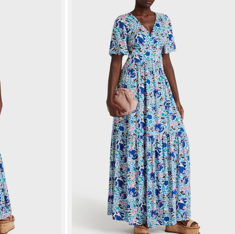 ba&sh Blue & White Cutout Printed Jacquard Maxi Dress NWOT Size Large